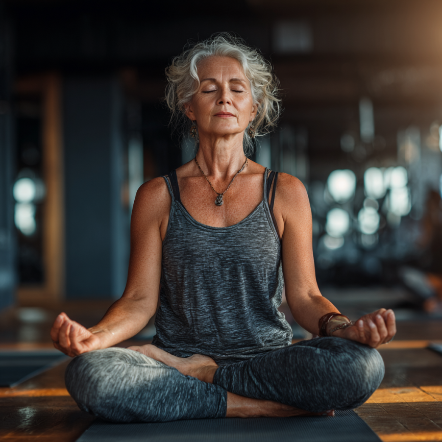 Seniori practicând yoga într-un cadru liniștit și relaxant
